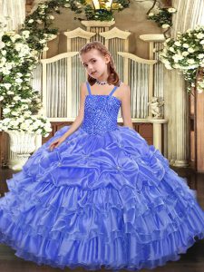 Lavender Organza Lace Up Pageant Dress for Teens Sleeveless Floor Length Beading and Ruffled Layers and Pick Ups