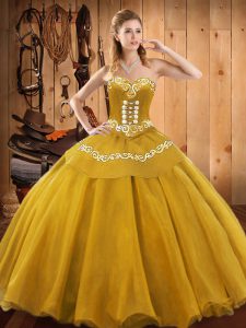 Gold Lace Up Sweetheart Embroidery Sweet 16 Dress Satin and Tulle Sleeveless