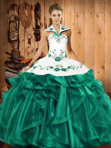 Traditional Turquoise Lace Up Halter Top Embroidery and Ruffles Vestidos de Quinceanera Satin and Organza Sleeveless