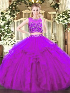 Tulle Scoop Sleeveless Zipper Beading and Ruffles Ball Gown Prom Dress in Purple