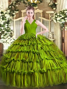 Sleeveless Organza Floor Length Zipper Quinceanera Gown in Olive Green with Ruffled Layers