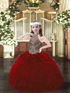Wine Red Sleeveless Beading and Ruffles Floor Length Little Girl Pageant Gowns