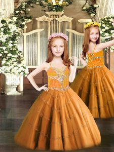Wonderful Orange Sleeveless Tulle Lace Up Pageant Gowns For Girls for Party