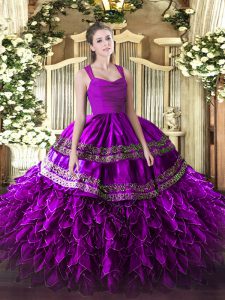 Nice Fuchsia Straps Neckline Beading and Lace and Ruffles Sweet 16 Quinceanera Dress Sleeveless Zipper