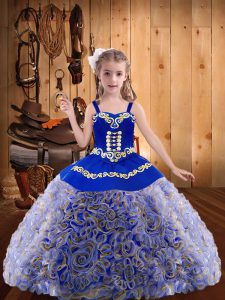 Multi-color Fabric With Rolling Flowers Lace Up Straps Sleeveless Floor Length Child Pageant Dress Embroidery and Ruffle