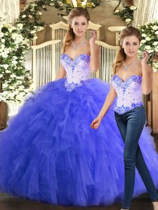 Blue Two Pieces Sweetheart Sleeveless Organza Floor Length Lace Up Beading and Ruffles Sweet 16 Dress