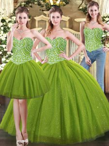 Fabulous Ball Gowns Quinceanera Gowns Olive Green Sweetheart Tulle Sleeveless Floor Length Lace Up