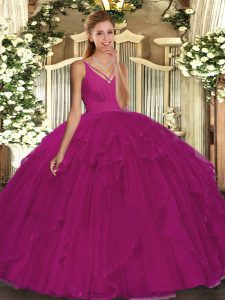 Elegant Fuchsia Ball Gowns V-neck Sleeveless Tulle Floor Length Backless Beading and Ruffles Sweet 16 Dresses