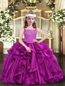 Sleeveless Organza Floor Length Lace Up Little Girls Pageant Dress in Fuchsia with Beading and Ruffles
