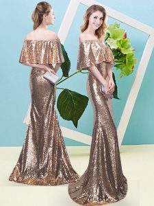 Half Sleeves Floor Length Sequins Zipper Prom Dress with Gold