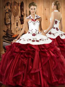 Halter Top Sleeveless Satin and Organza Vestidos de Quinceanera Embroidery and Ruffles Lace Up