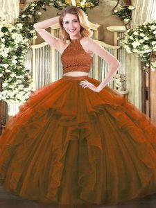 Luxurious Brown Quinceanera Gown Military Ball and Sweet 16 and Quinceanera with Beading and Ruffles Halter Top Sleevele