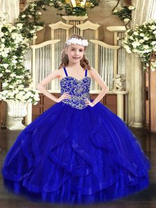 Royal Blue Lace Up Straps Beading and Ruffles Little Girl Pageant Dress Tulle Sleeveless