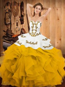 On Sale Yellow And White Lace Up Sweet 16 Dresses Embroidery and Ruffles Sleeveless Floor Length