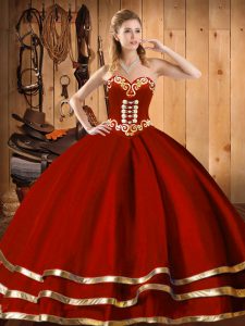 Edgy Wine Red Ball Gowns Organza Sweetheart Sleeveless Embroidery and Bowknot Floor Length Lace Up Quince Ball Gowns