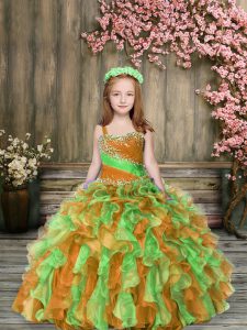 Perfect Multi-color Lace Up Straps Beading and Ruffles Little Girls Pageant Gowns Organza Sleeveless