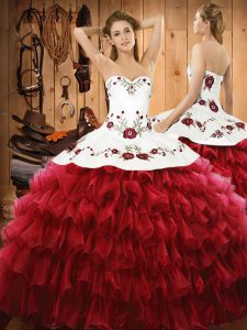 Modest Wine Red Organza Lace Up Ball Gown Prom Dress Sleeveless Floor Length Embroidery and Ruffled Layers