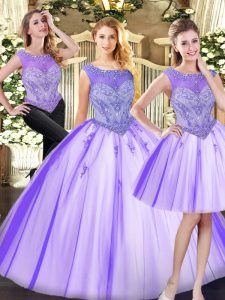 Beauteous Lavender Ball Gowns Scoop Sleeveless Tulle Floor Length Zipper Beading Quinceanera Gown