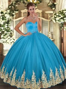 Spectacular Sleeveless Tulle Floor Length Lace Up 15 Quinceanera Dress in Baby Blue with Appliques