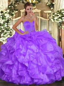 Fancy Sleeveless Organza Floor Length Lace Up Sweet 16 Dress in Purple with Beading and Ruffles