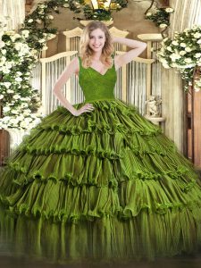 Sleeveless Floor Length Beading and Lace and Ruffled Layers Backless Quinceanera Dress with Olive Green