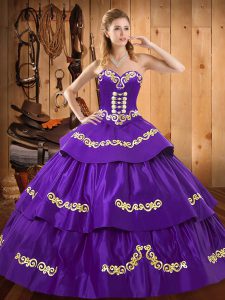 Fine Purple Ball Gowns Taffeta Sweetheart Sleeveless Embroidery and Ruffled Layers Floor Length Lace Up Sweet 16 Dress