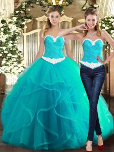 Colorful Sleeveless Floor Length Ruffles Lace Up 15 Quinceanera Dress with Turquoise