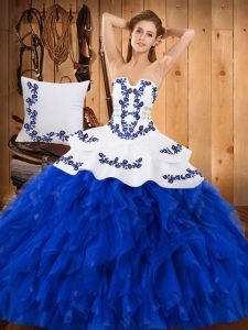Beautiful Satin and Organza Sleeveless Floor Length Sweet 16 Dresses and Embroidery and Ruffles