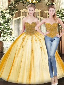 Gold Tulle Lace Up Sweetheart Sleeveless Floor Length Quince Ball Gowns Beading and Appliques
