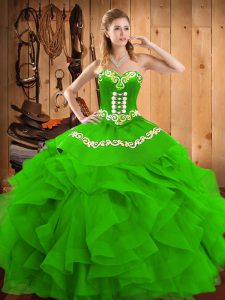 Floor Length Lace Up Quince Ball Gowns Green for Military Ball and Sweet 16 and Quinceanera with Embroidery and Ruffles