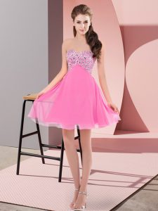 Most Popular Rose Pink Empire Beading Prom Dresses Lace Up Chiffon Sleeveless Mini Length