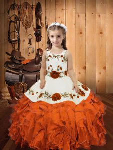 High End Floor Length Lace Up Little Girl Pageant Dress Orange Red for Sweet 16 and Quinceanera with Embroidery and Ruff