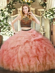 Baby Pink Ball Gowns Organza Halter Top Sleeveless Beading and Ruffles Floor Length Zipper Sweet 16 Dresses