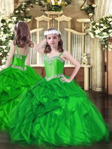 Stylish Sleeveless Organza Floor Length Lace Up Little Girl Pageant Gowns in Green with Beading and Ruffles