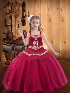 Sleeveless Organza Floor Length Lace Up Pageant Gowns For Girls in Red with Embroidery