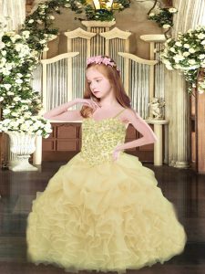 Champagne Spaghetti Straps Neckline Appliques and Ruffles and Pick Ups Little Girl Pageant Gowns Sleeveless Lace Up