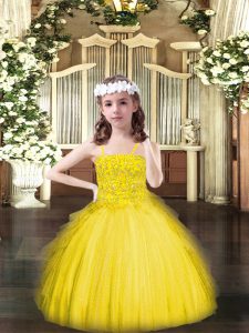 Floor Length Yellow Pageant Dress Toddler Tulle Sleeveless Beading and Ruffles