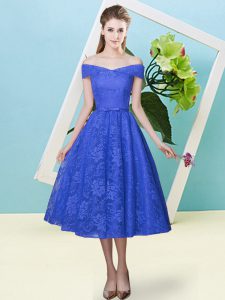 Flare Blue Lace Lace Up Off The Shoulder Cap Sleeves Tea Length Court Dresses for Sweet 16 Bowknot