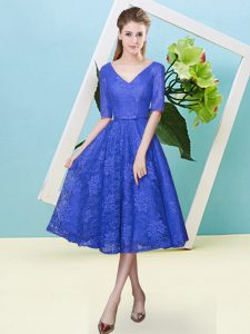 Suitable Tea Length Royal Blue Bridesmaid Gown V-neck Half Sleeves Lace Up