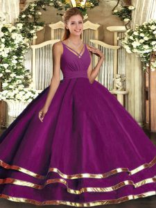 Custom Made Floor Length Backless 15th Birthday Dress Purple for Sweet 16 and Quinceanera with Ruffled Layers
