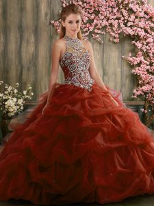Luxurious Rust Red Sleeveless Floor Length Beading and Pick Ups Lace Up Quinceanera Dresses