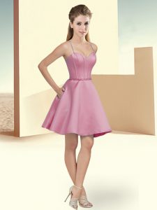 Pink Satin Clasp Handle Spaghetti Straps Sleeveless Mini Length Wedding Party Dress Beading