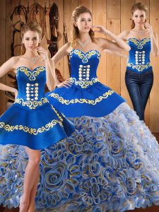 With Train Multi-color Quinceanera Gowns Satin and Fabric With Rolling Flowers Sweep Train Sleeveless Embroidery
