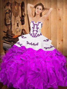 Dynamic Purple Quinceanera Dresses Military Ball and Sweet 16 and Quinceanera with Embroidery and Ruffles Strapless Slee
