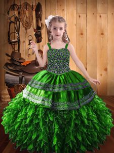 Stunning Ball Gowns Satin and Tulle Straps Sleeveless Beading and Appliques and Ruffles Floor Length Lace Up Girls Pagea