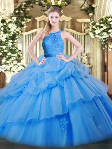 Floor Length Baby Blue Vestidos de Quinceanera Organza Sleeveless Lace and Ruffled Layers