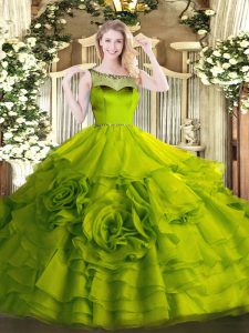 Olive Green Scoop Neckline Beading and Ruffles 15th Birthday Dress Sleeveless Zipper