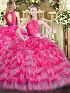 Classical Scoop Sleeveless Quinceanera Gown Floor Length Lace and Ruffled Layers Hot Pink Organza