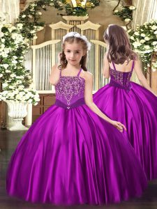 Trendy Fuchsia Lace Up Kids Formal Wear Beading Sleeveless Floor Length