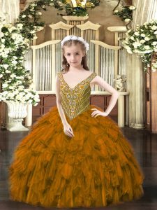 Brown Ball Gowns V-neck Sleeveless Organza Floor Length Lace Up Beading and Ruffles Kids Formal Wear